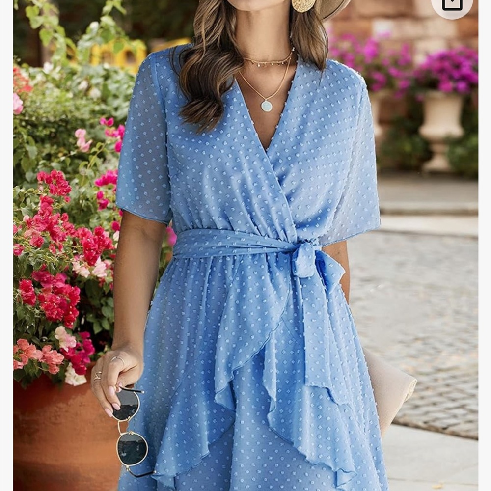 Fashion Faux V neck wrap dress . Baby blue great for easter or church dress.